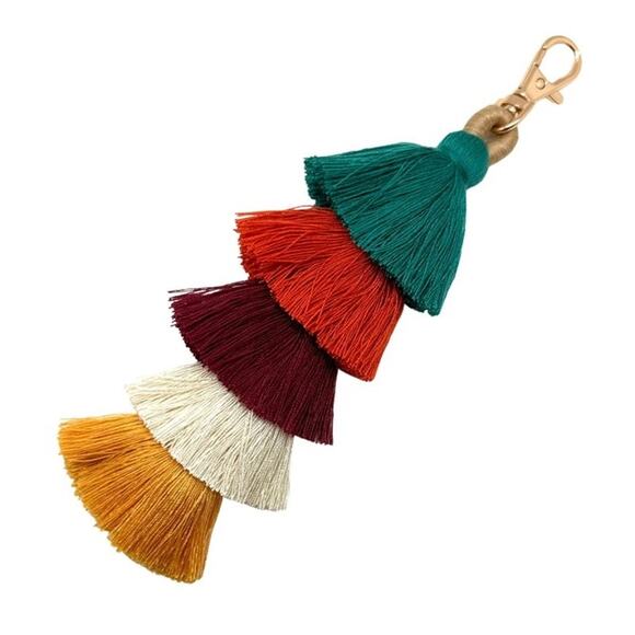 Green, Rust, Maroon, Ivory, Mustard Cascading Tassels Bag Charm - Picture 1 of 2